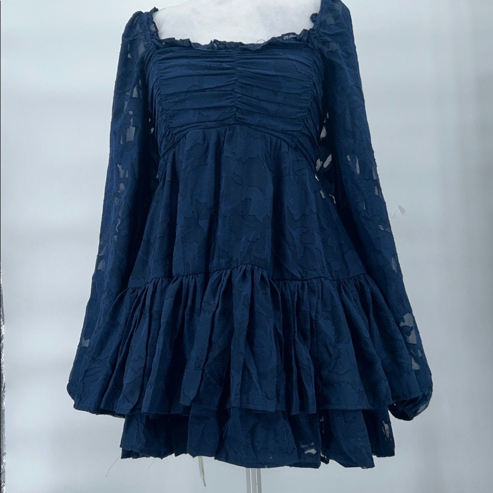 Altar'd State Clairyn Tiered Square Neck Ruffle Long-Sleeve Mini Dress Navy XS - Picture 9 of 13